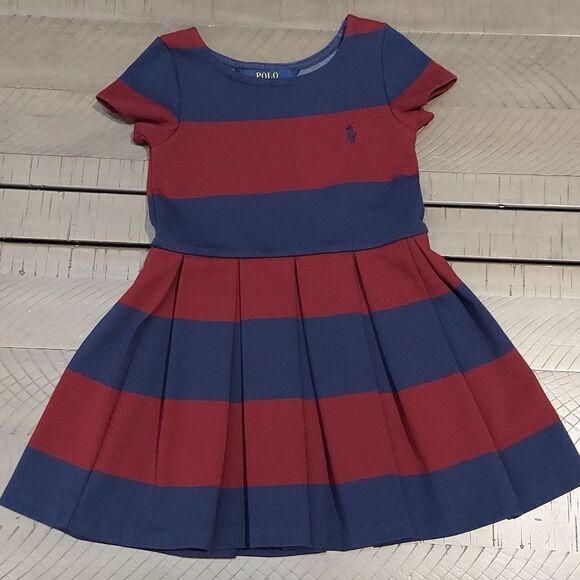 Polo Ralph Lauren Navy Burgundy Striped Pleated Dress Sz 3T - Picture 1 of 5
